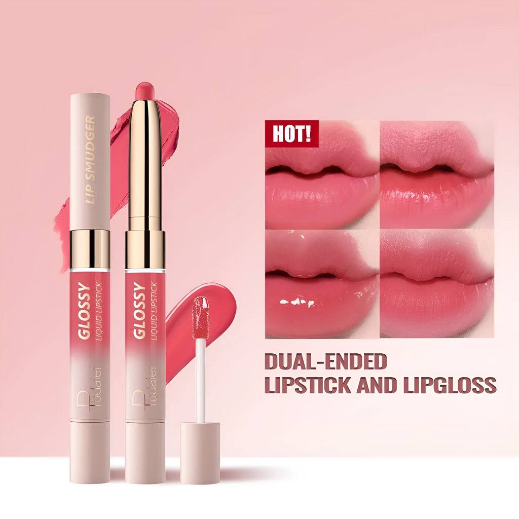 Double-headed lipstick and lip gloss product showing matte and glossy ends in one of ten available colours.
