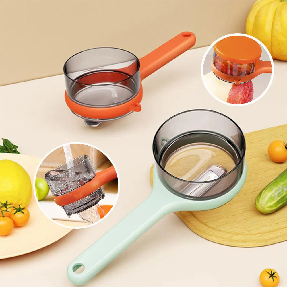 Kitchen storage peeler with integrated bucket in light green or orange colour