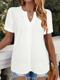 White V-neck short sleeve T-shirt with hollow-out pattern detail on front, loose casual fit