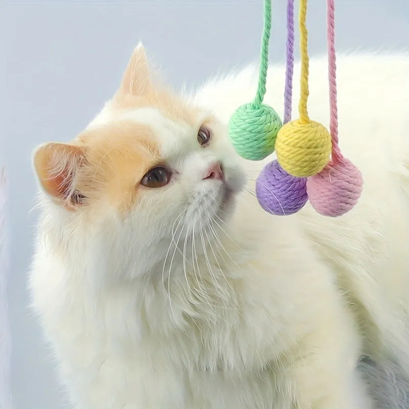 Colourful cat toy ball with an attached rope, shown in green, pink, purple, and yellow.