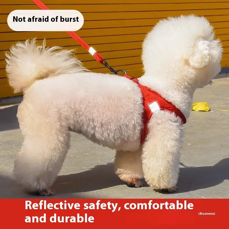 Adjustable rope leash vest style harness for dogs and cats in multiple colours, front view showing chest strap and rope material