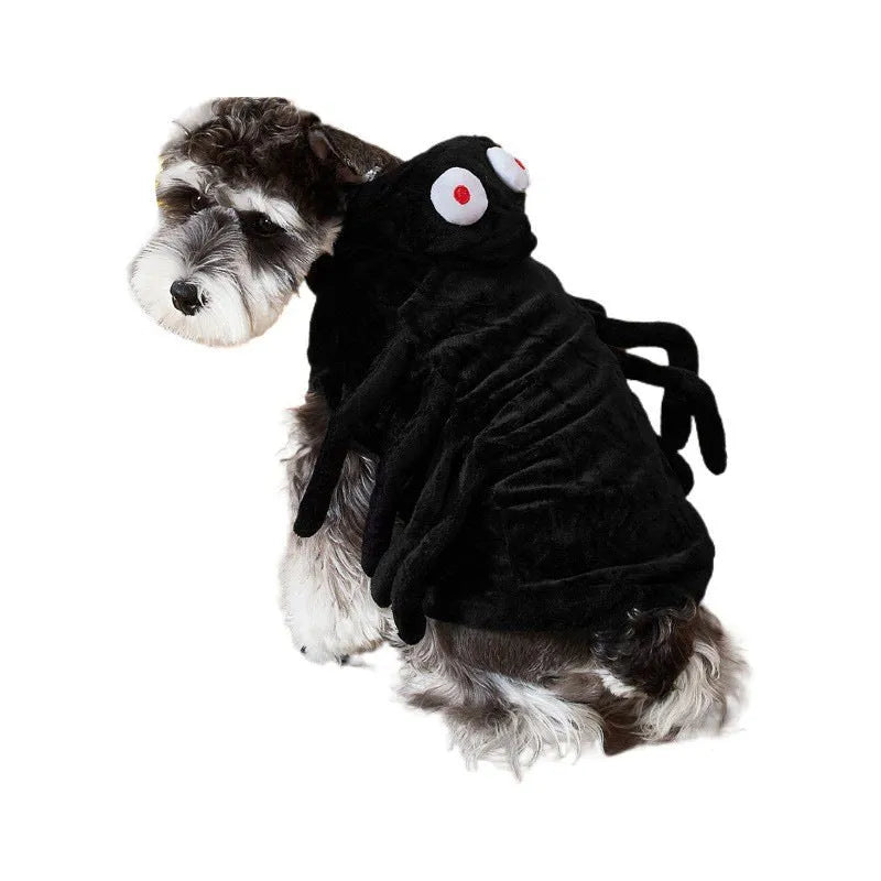 Halloween dog costume with black spider pattern on polyester fabric in sizes S, M, L.