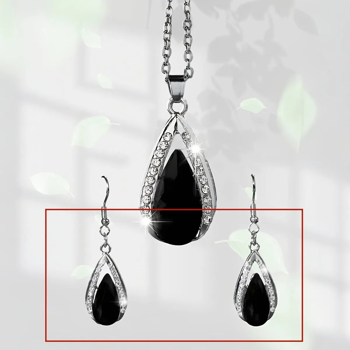 Black and red teardrop glass pendant alloy necklace and matching earrings set