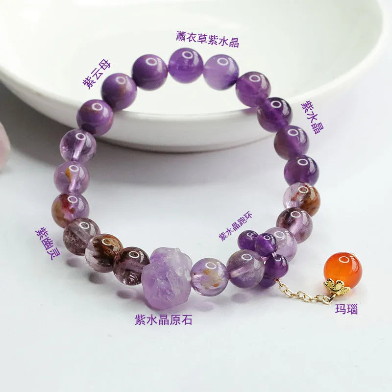 Natural purple amethyst crystal bracelet with red agate stones and adjustable Mori style design