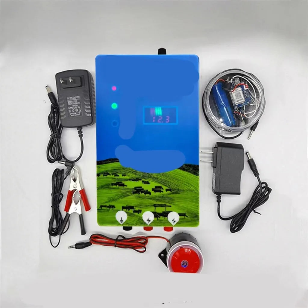 Pasture electric fence control host unit with alarm display and solar panel for livestock containment.