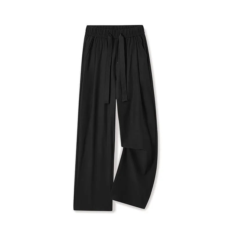Men's quick-drying loose straight wide-leg casual trousers in black, polyester blend, drawstring waist