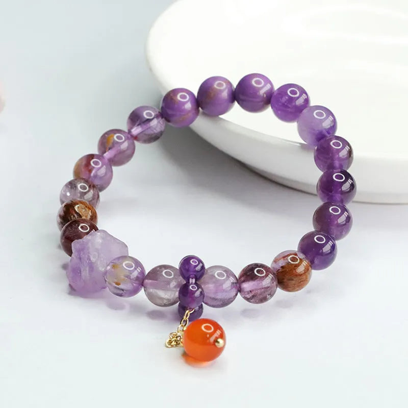 Natural purple amethyst crystal bracelet with red agate stones and adjustable Mori style design