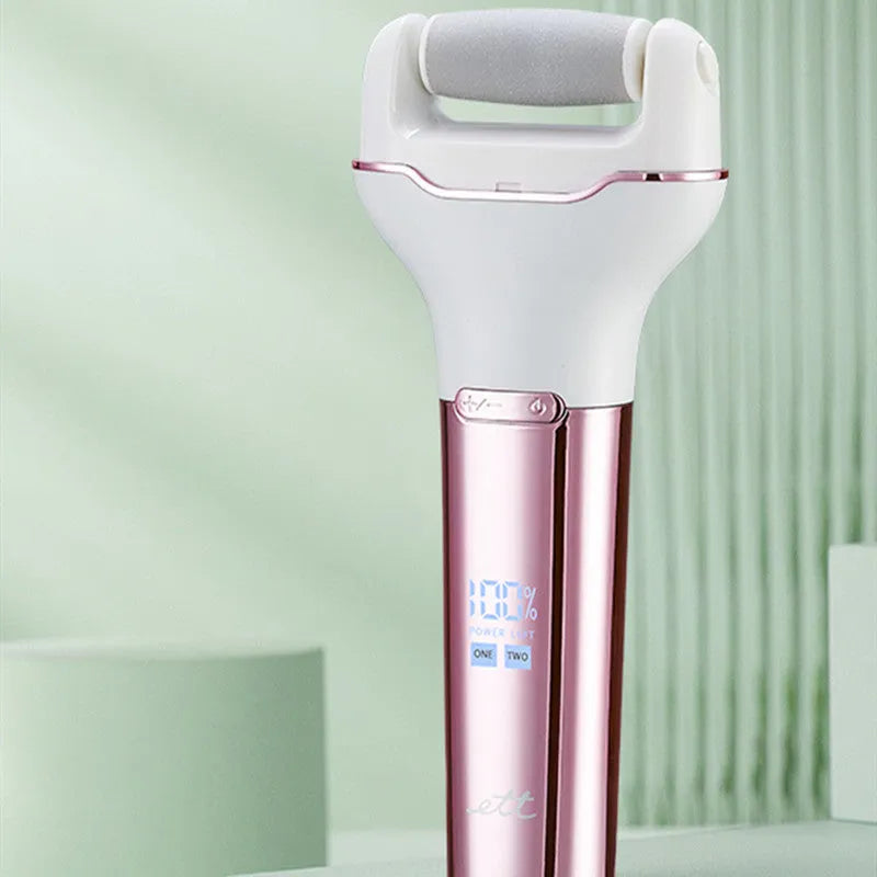 Electric foot grinder with digital display and waterproof body, 173x80x30mm, Rose Pink or Dark Blue, USB powered.