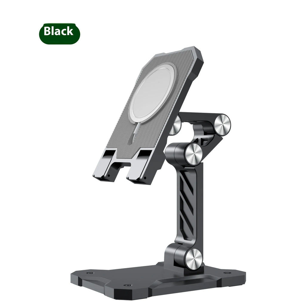 Metal folding phone holder for tablet desktop or car use with adjustable clip in black