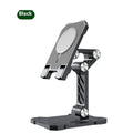 Metal folding phone holder for tablet desktop or car use with adjustable clip in black