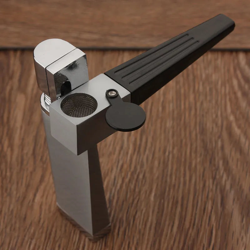 Foldable metal pipe lighter showing stash compartment and lighter mechanism in zinc alloy construction