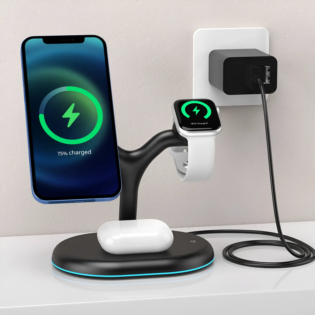Black three-in-one magnetic wireless charger for Apple Watch, iPhone and AirPods on a desk