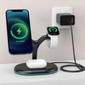 Black three-in-one magnetic wireless charger for Apple Watch, iPhone and AirPods on a desk