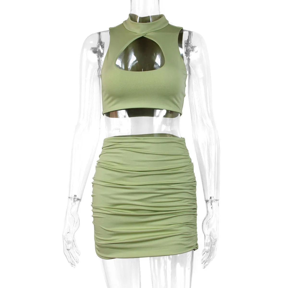 Women's light purple hollow vest and split skirt two-piece set in elastic polyester fabric