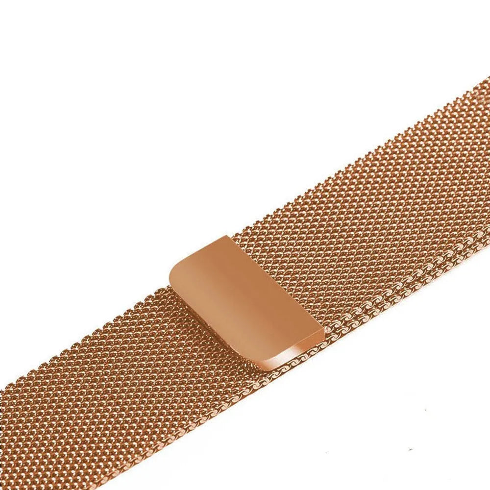 Stainless steel watch strap in silver, black, gold, and rose gold colours for 38mm and 42mm smartwatches.