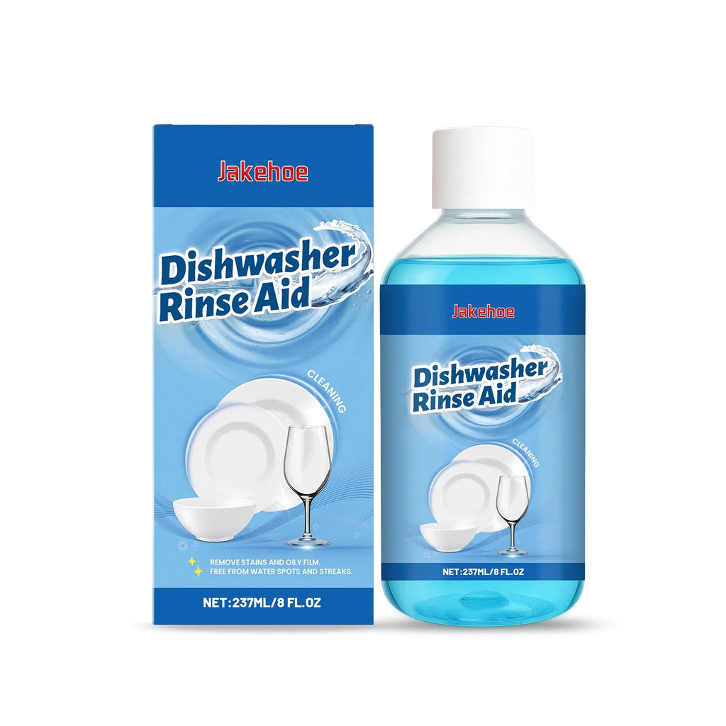 237mL bottle of dishwasher detergent aid for cleaning plates and removing stains.