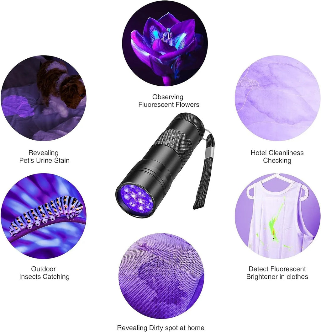 Black aluminium alloy UV flashlight with tail switch for detecting stains and pests.