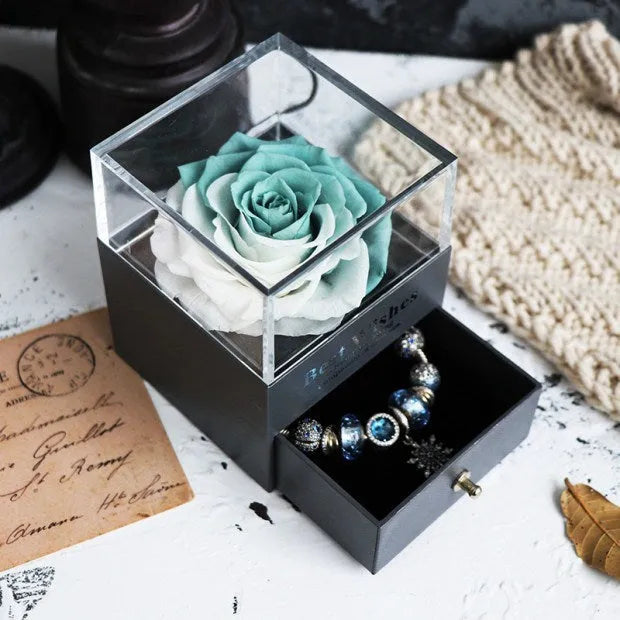 Eternal flower gift box with artificial roses, measuring 8.5cm wide and 10.5cm high