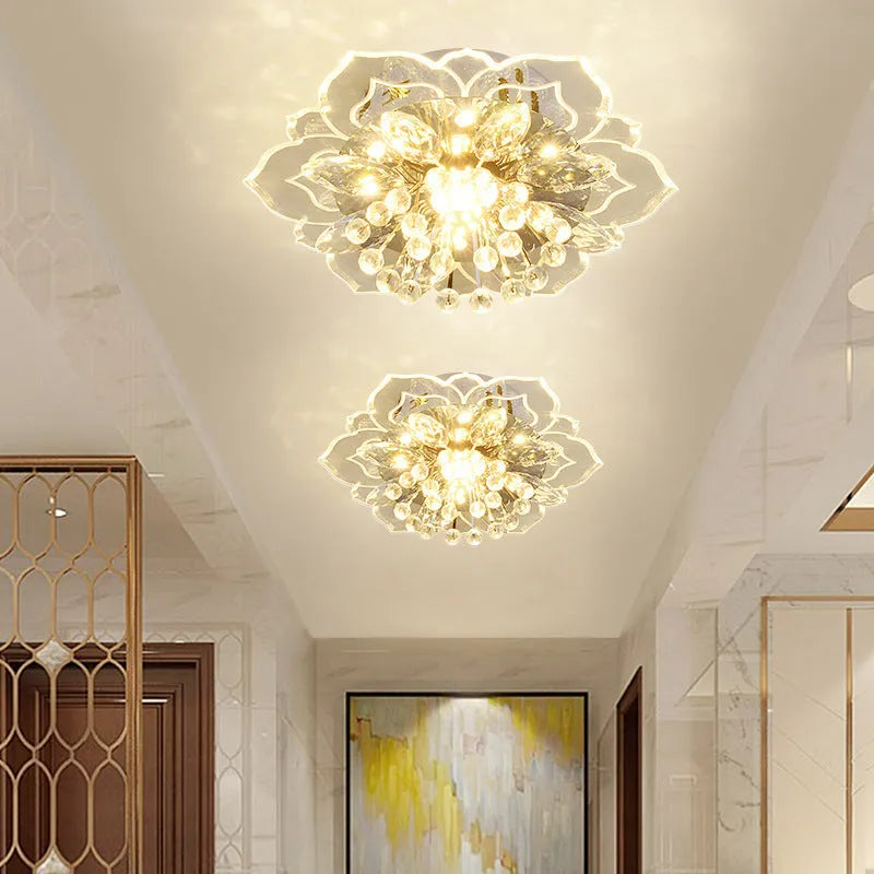 Modern crystal ceiling lamp with flower-shaped shade and LED light in warm white, white, or colour options.