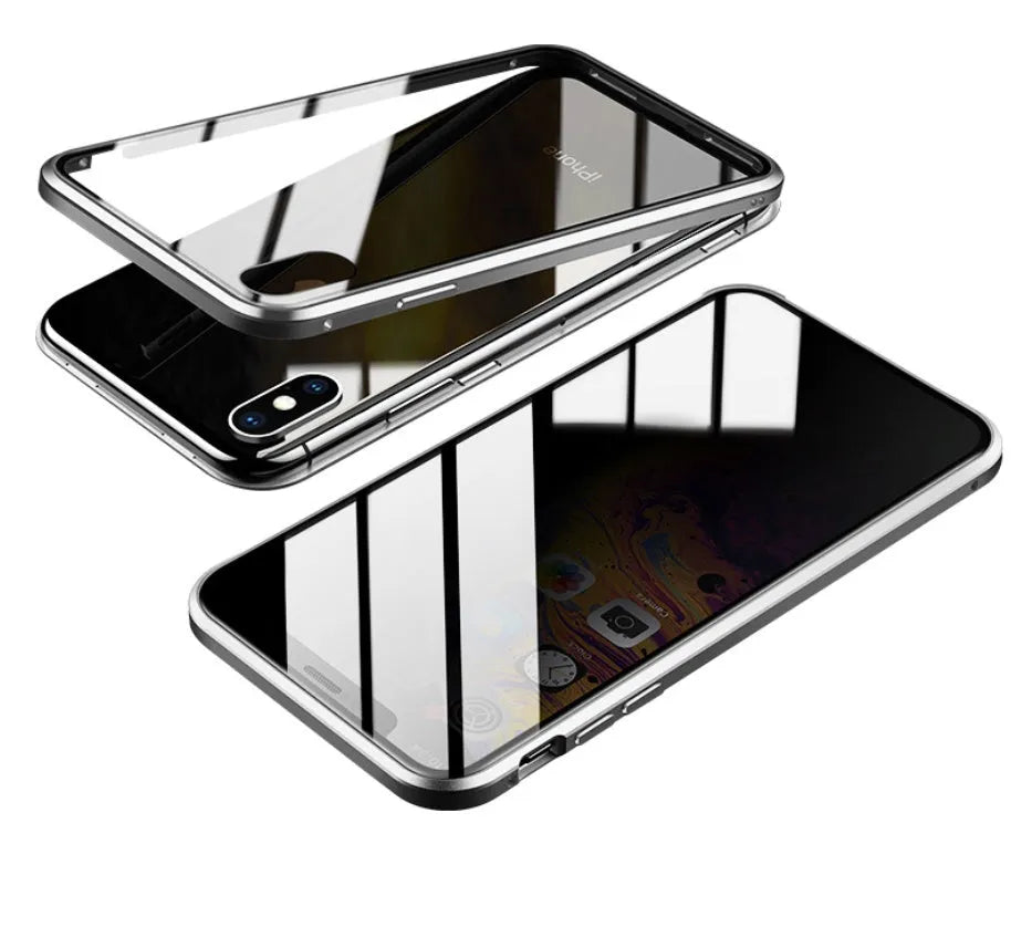 Glass anti-spy clamshell phone case in geometric design for iPhone models.