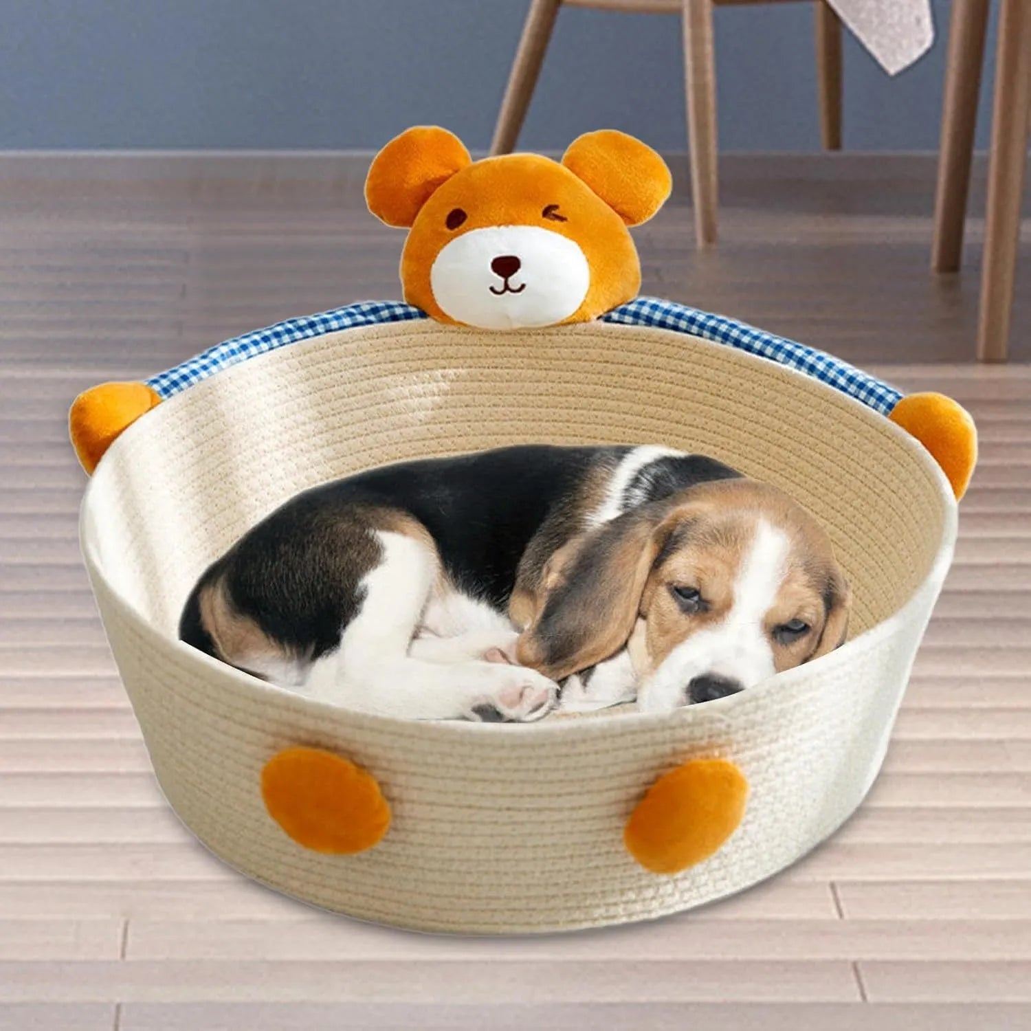 Woven cotton rope cat bed with scratching board in bear design, showing basket shape with textured surface