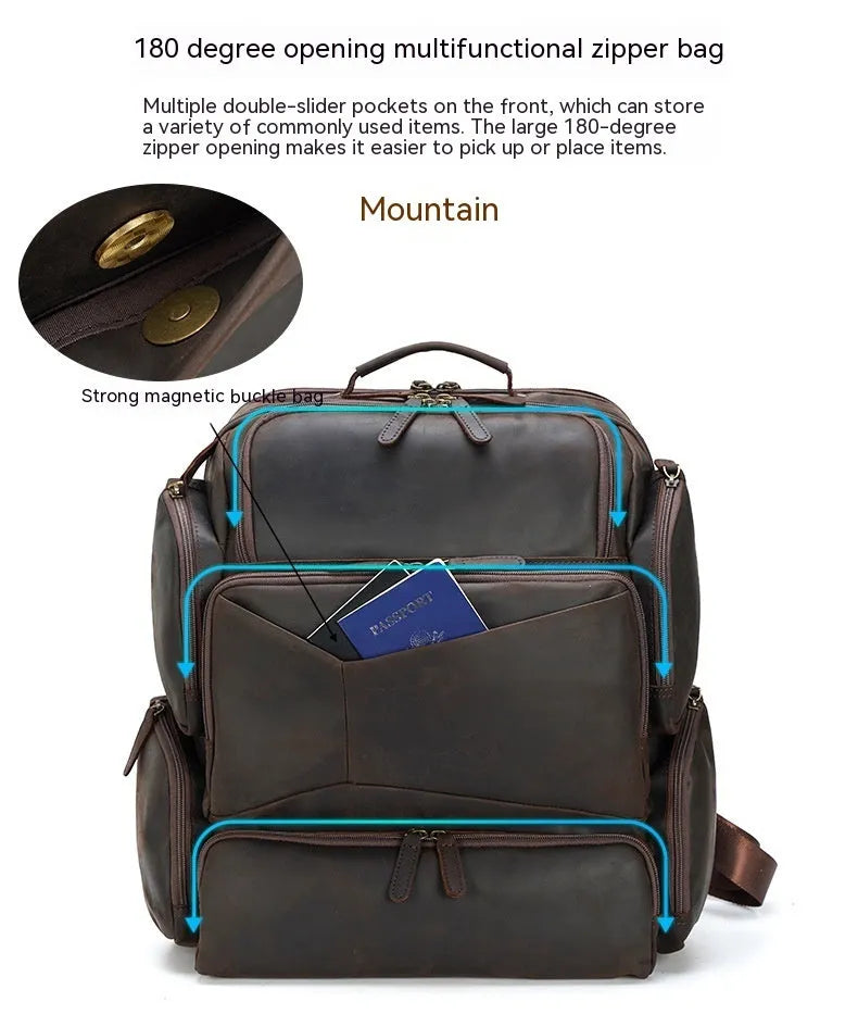 Dark brown genuine leather backpack for men showing embossed texture, double straps, and open compartments.