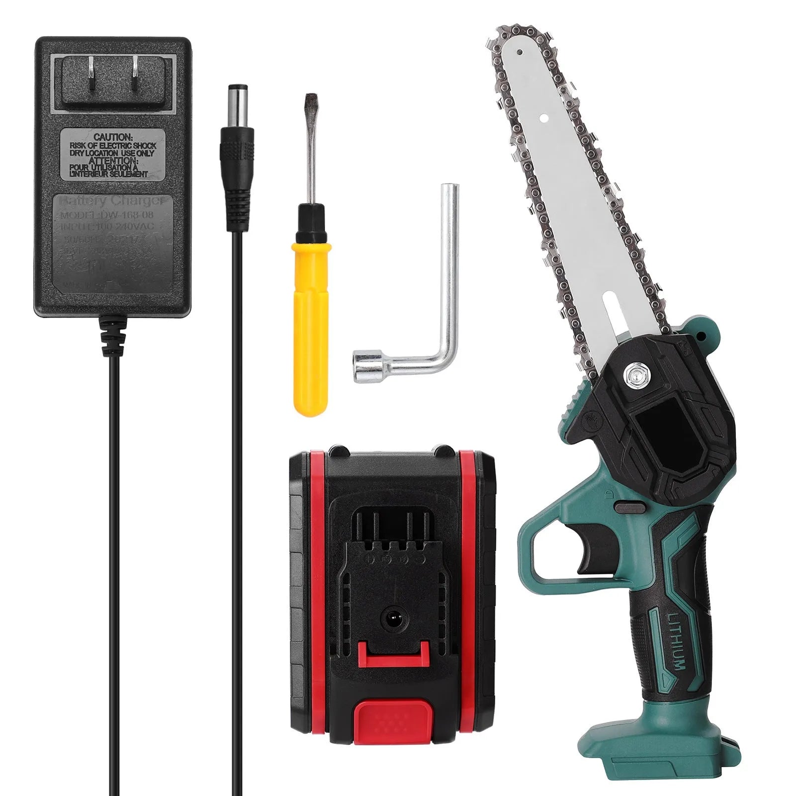 Green mini electric chainsaw with a 4-inch bar held in one hand, showing its compact and lightweight design.