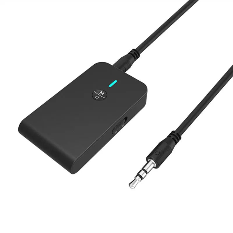 Black Bluetooth 5.0 audio adapter with 3.5mm AUX plug and external power supply cable.