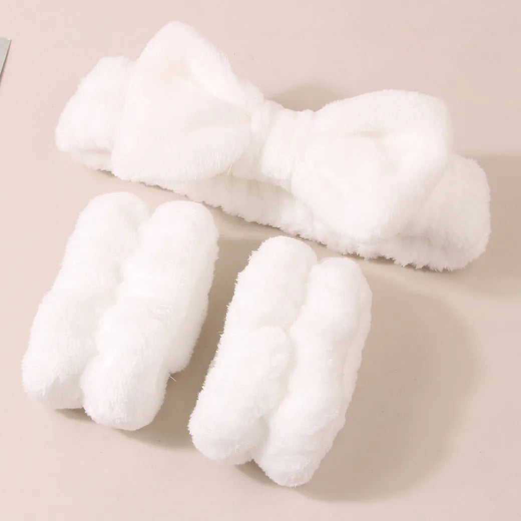 Facial brush set with coral fleece hair band in multiple colours including purple, grey, white, and pink