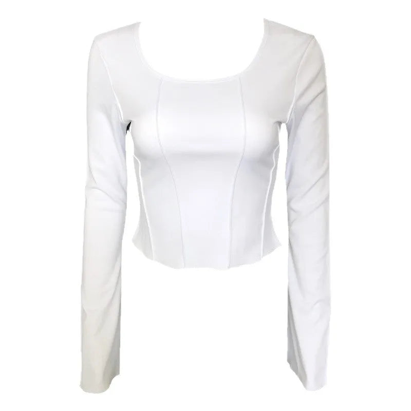 Square-neck fitted long-sleeve knit top in white with 3D pattern and flared sleeves