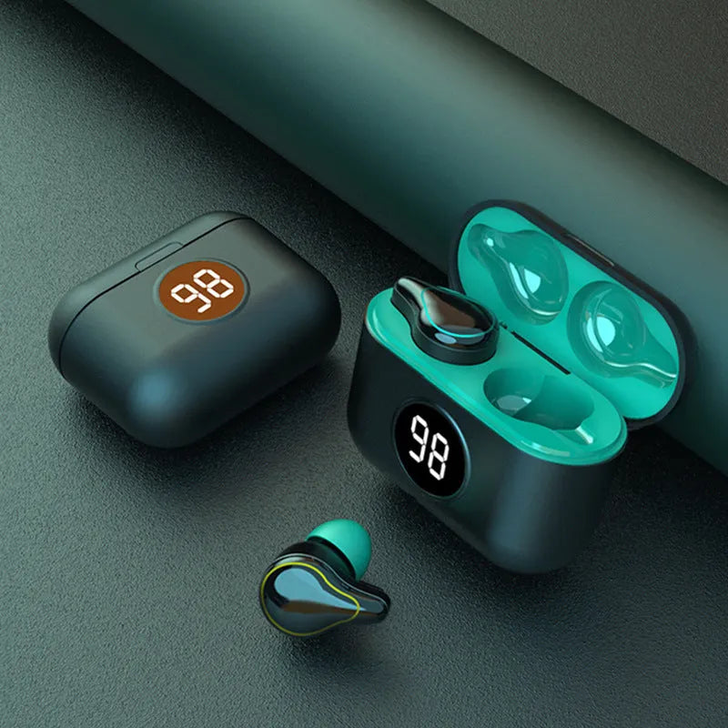 Black and Blue in-ear Bluetooth stereo headset for wireless listening.