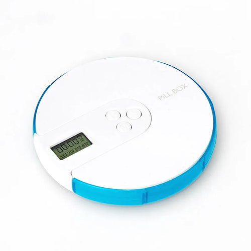 Seven-compartment electronic pill organiser with digital display, shown in blue, measuring 11cm square.