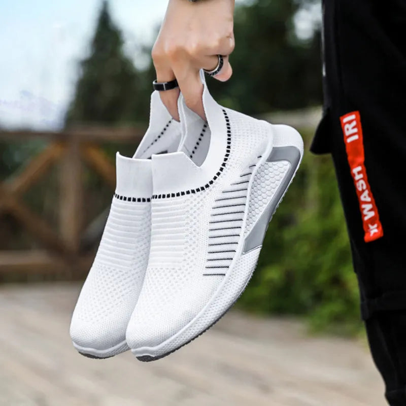 Men's striped mesh sock shoes with Flyknit upper and lace-up closure in black, white and black-white options
