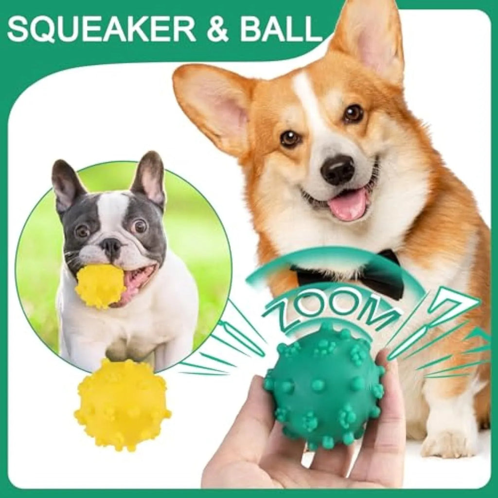 Set of four bright blue, green, pink, and yellow 2-inch squeaky dog toy balls with a textured, dimpled surface.
