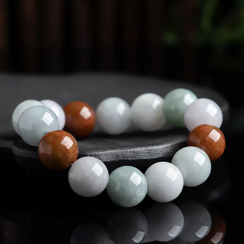 Women's natural Myanmar jade bracelet with three colours in 13mm round beads, national style design