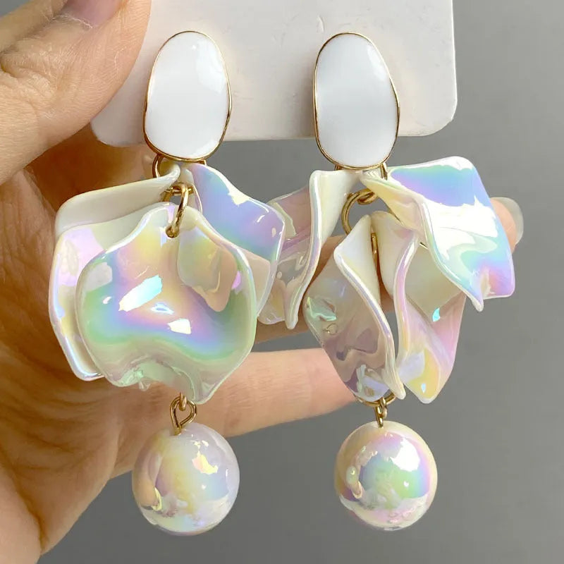 Long flower earrings in alloy with silver or gold plating, shown in purple, yellow, fairy white, rose red and nude pink