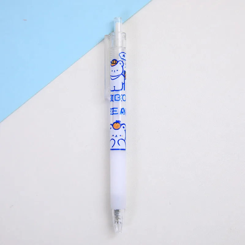 A pack of six colourful bear and rabbit character press pen knives on a white background.