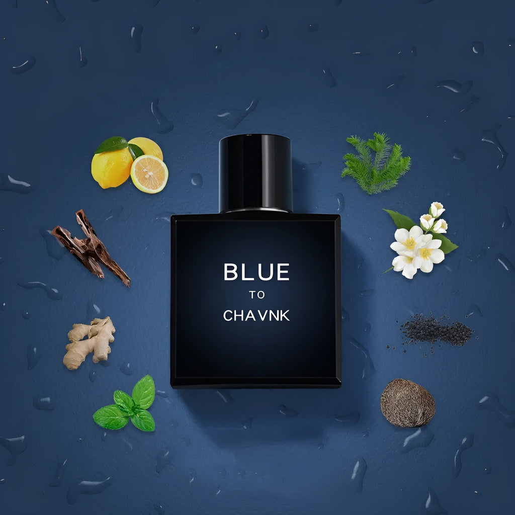 Men's perfume bottle in Black or Blue with woody sandalwood and cedar notes, available in 100ml, 50ml, and 30ml