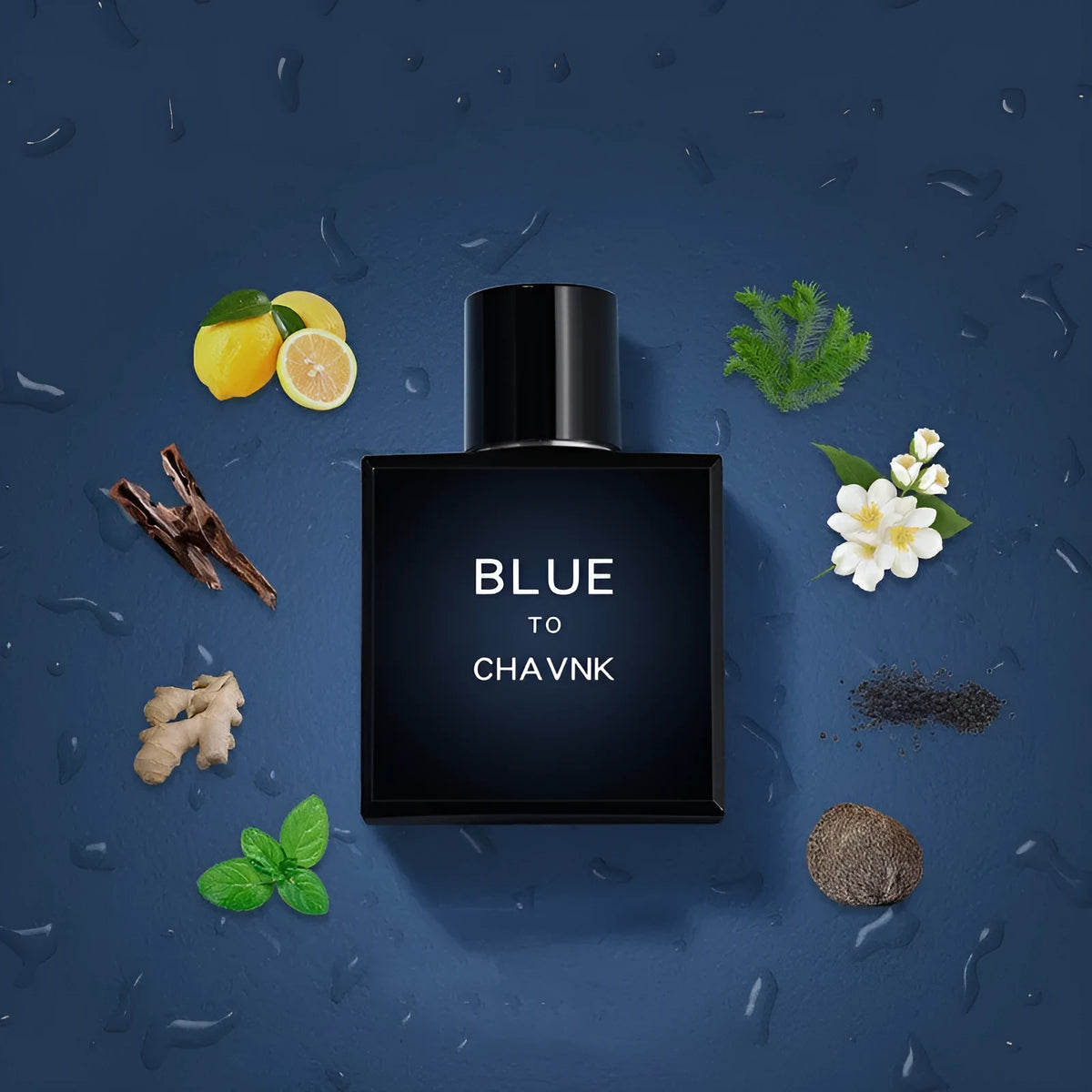 Men's perfume bottle in Black or Blue with woody sandalwood and cedar notes, available in 100ml, 50ml, and 30ml
