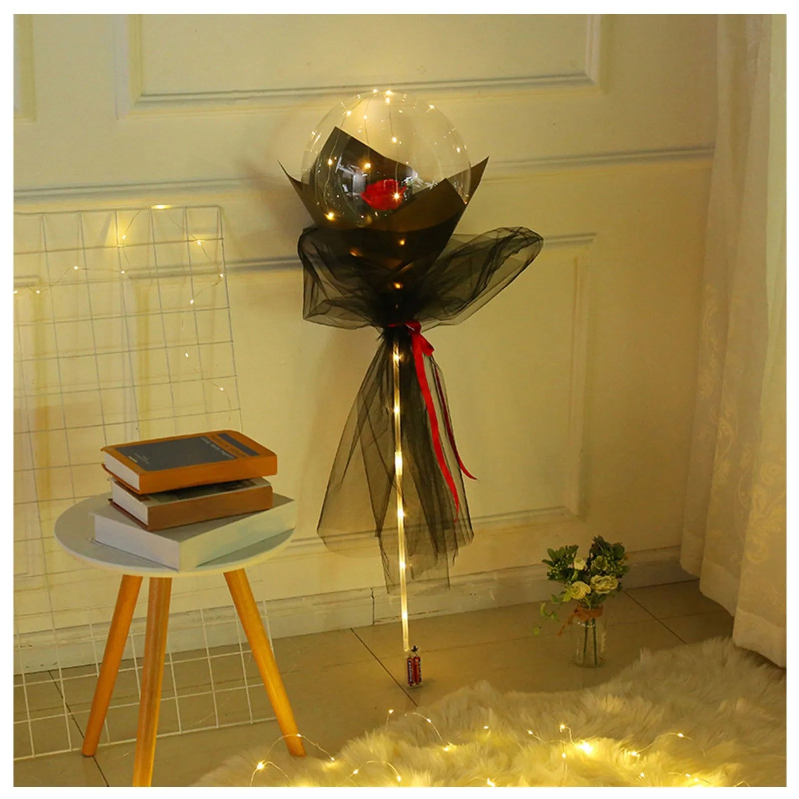 DIY LED luminous balloon rose bouquet set with transparent Bobo balls and LED lights on artificial flowers