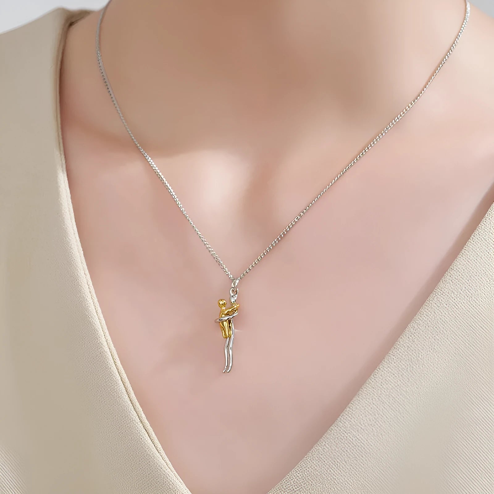 Geometric copper pendant necklace with brass O-link chain in pastoral style, available in gold or silver finish.