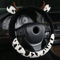 Short plush automotive steering wheel cover in black or coffee colour options showing soft fabric texture