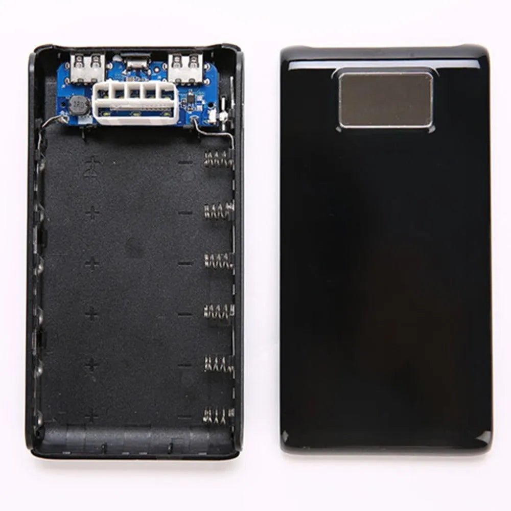 Black and white 18650 DIY power bank case showing battery slots and Type-C/Micro-USB ports.