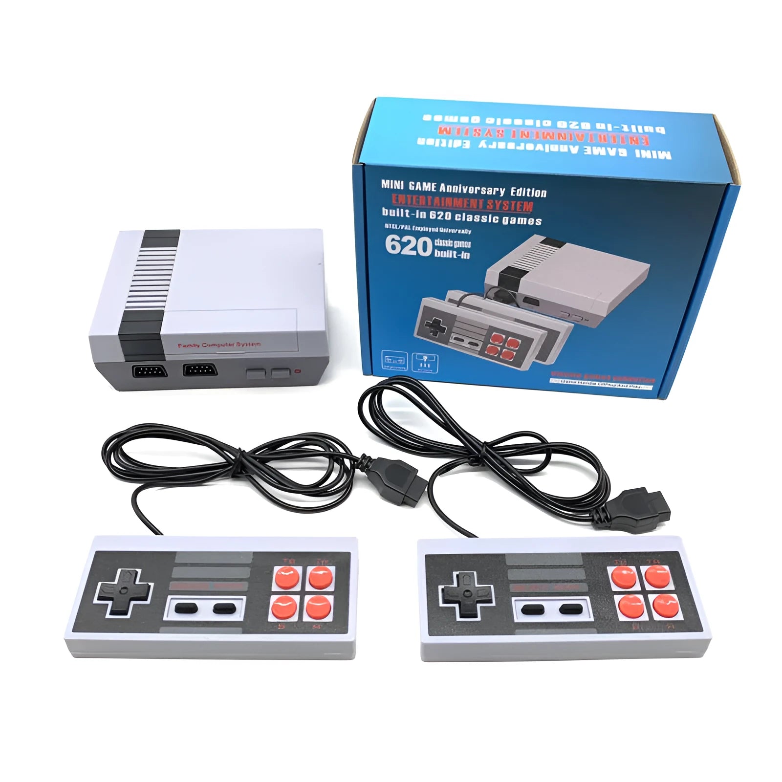 Compact black 8-bit NES retro game console with two rectangular controllers on a white background.