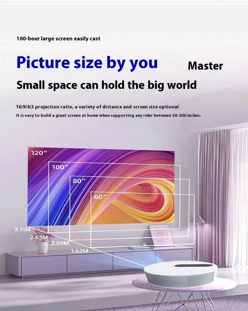 White HD home cinema projector with remote control on table showing 720p resolution specification