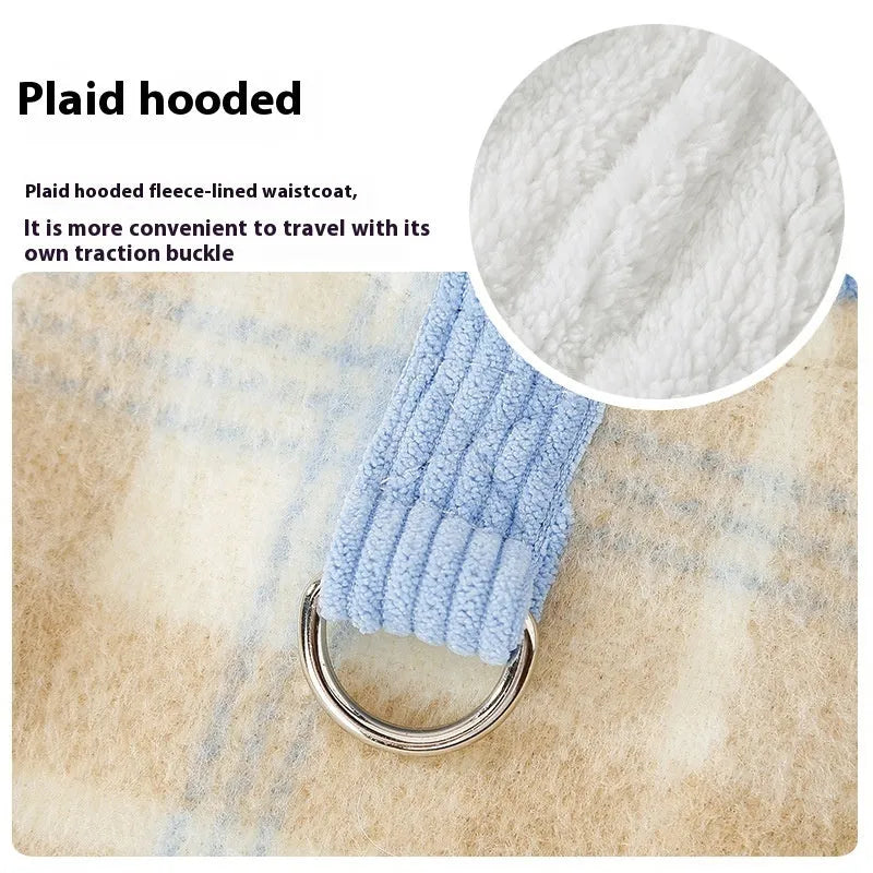 Blue corduroy dog hoodie with black and white chessboard grid pattern and a hood.