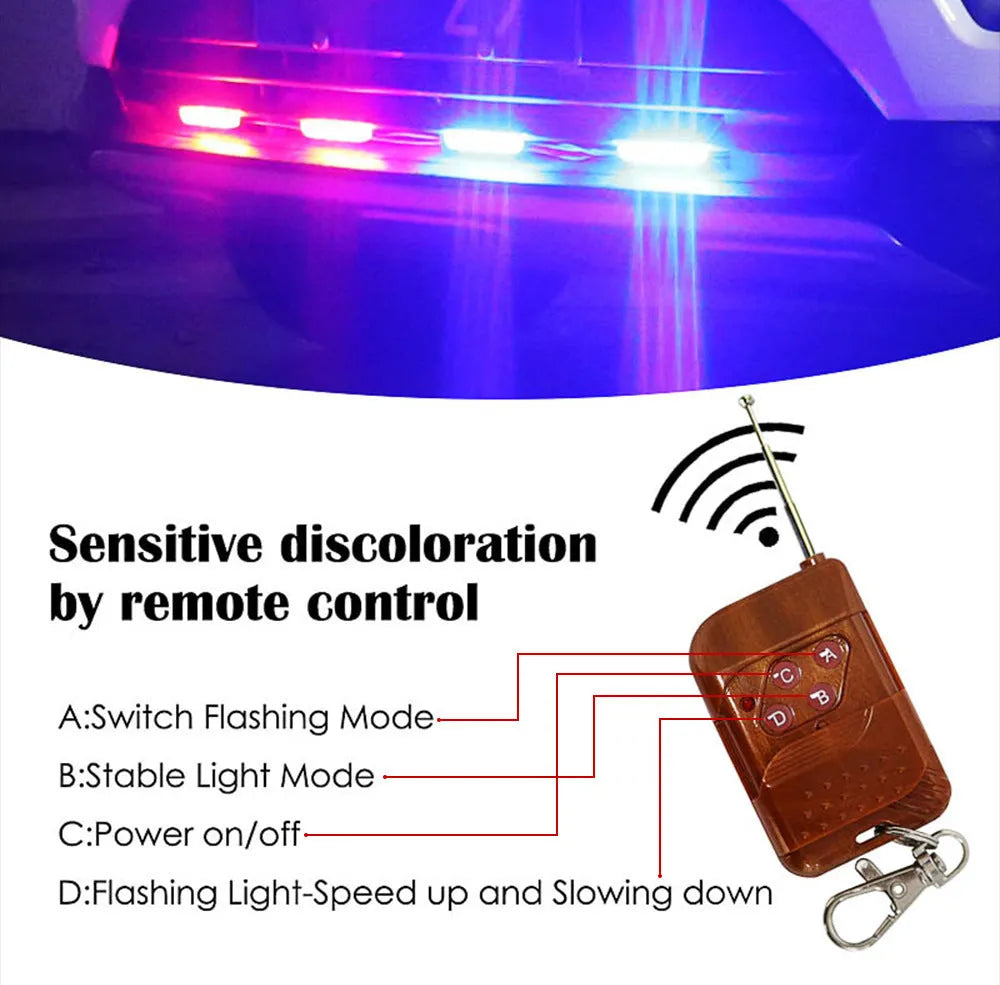 Black car-mounted LED warning light with wireless remote control on a vehicle.