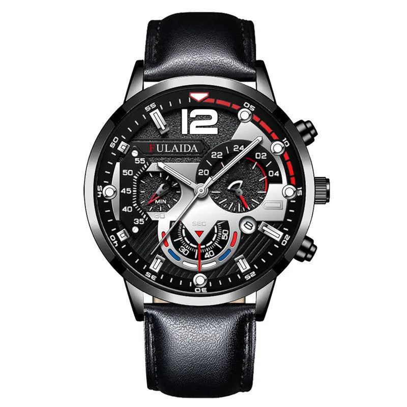 Men's casual quartz watch with calendar, genuine leather strap, rose gold buckle, 37mm dial