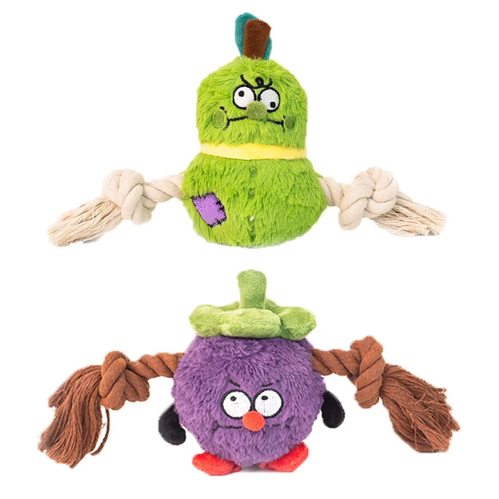 Green and purple interactive plush rope knot dog toy for tug of war and chewing.