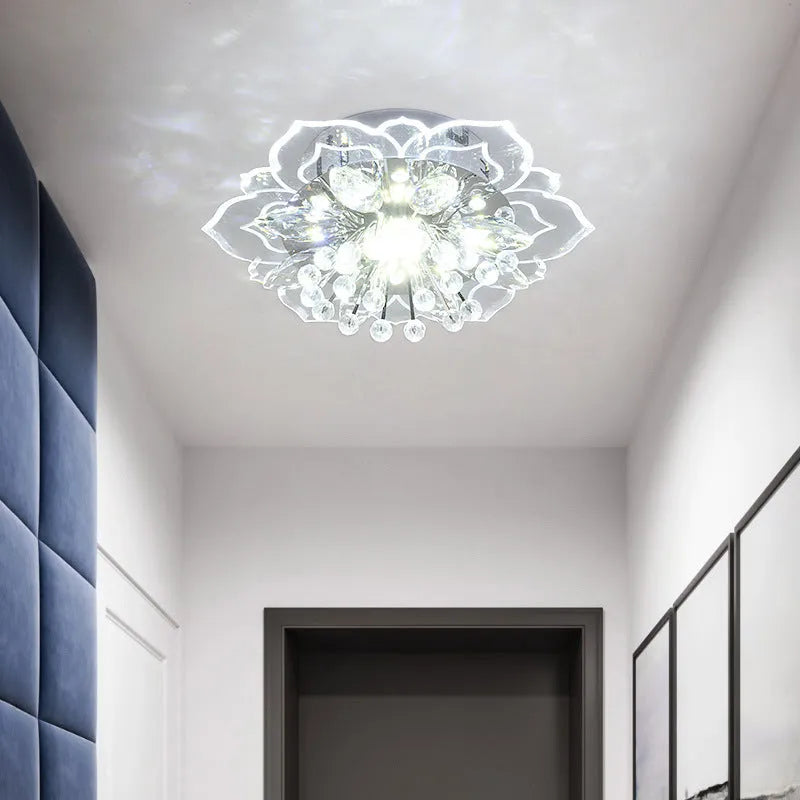 Modern crystal ceiling lamp with flower-shaped shade and LED light in warm white, white, or colour options.